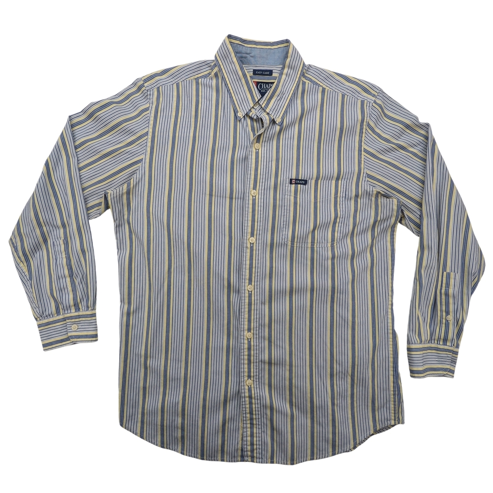 Chaps Shirt Mens Medium Easy Care Blue Yellow Striped Button Down Classic Top